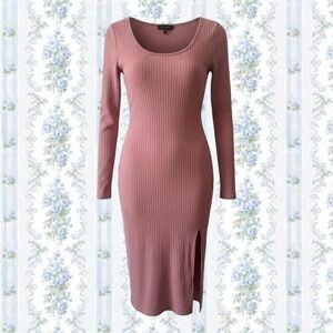 CLUB L Women's Size 10 Pink Long Sleeve Ribbed Bodycon Maxi Dress with Leg Slit